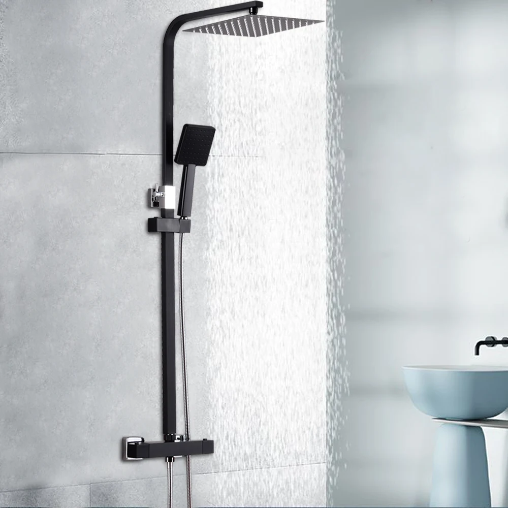 Immagine 5: Set Doccia Termostatico Nero con Miscelatore, Soffione e Doccetta, per Bagno