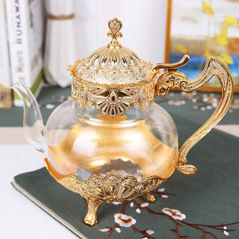 Glass Teapot with Metal Handle & Stand, 1L Coffee Pot Tea Kettle for Blooming and Loose Tea, Vintage Teapot, Gold, Silver