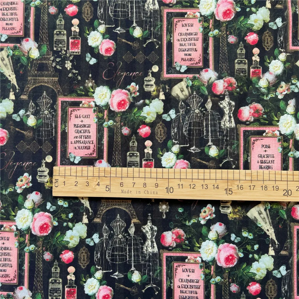 45x145cm Vintage rose Eiffel Tower model 100% Cotton Fabric Vintage Floral Material Patchwork Sewing  Quilt Needlework DIY Cloth