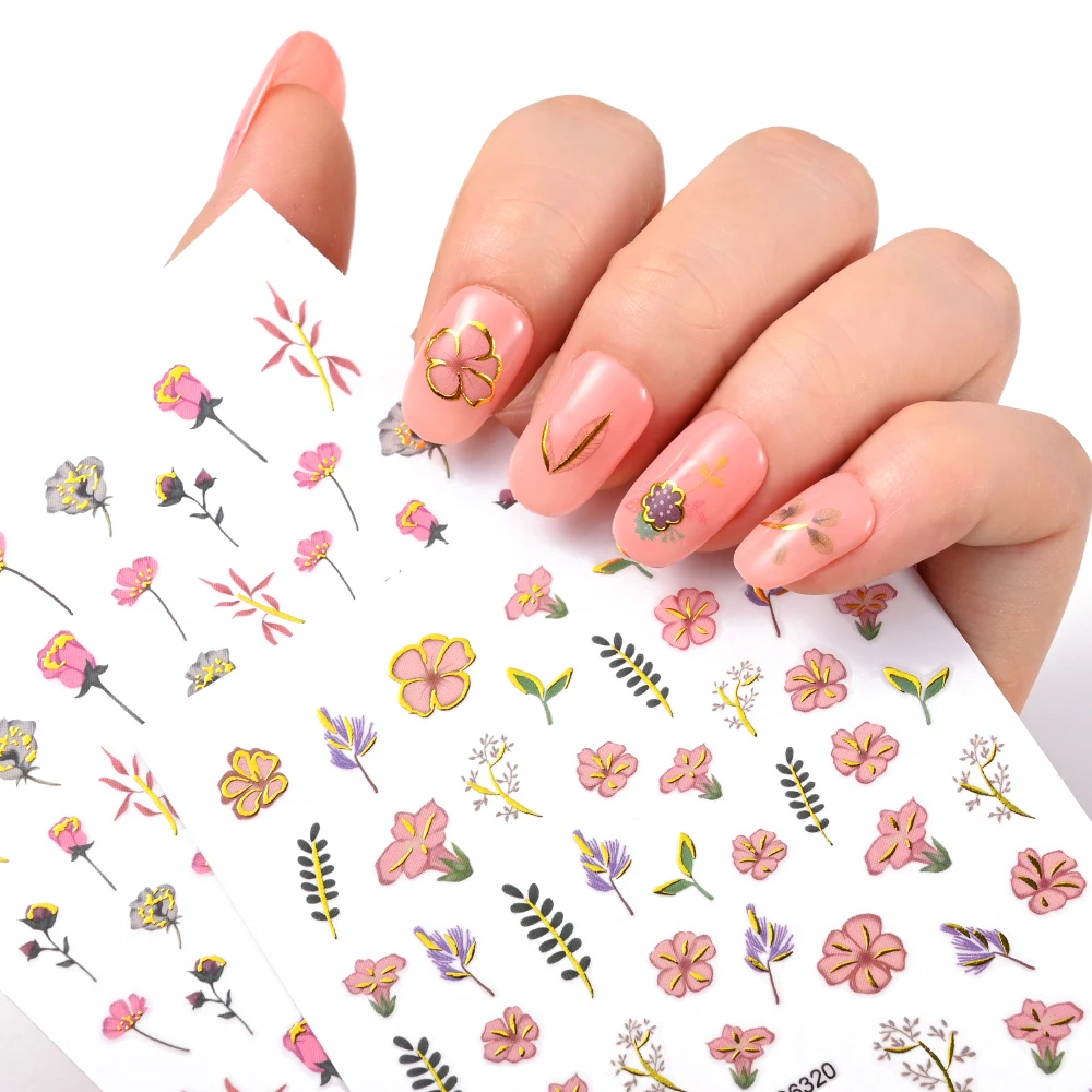 1Pcs Bronzing Colorful Flowers Nail Art Stickers 8*10cm Kawaii Flower/Leaf Self Adhesive Nails Patch DIY Manicure Florals Decals