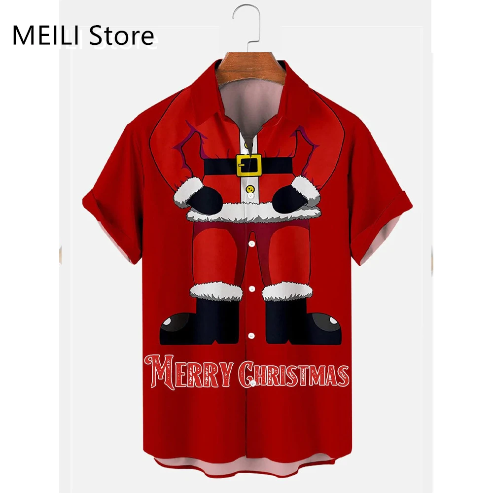 Christmas Men's Shirts Santa Claus 3D Print Shirt Summer Men's Blouse Turndown Collar New Year Cartoon Man Shirts Loose Clothes