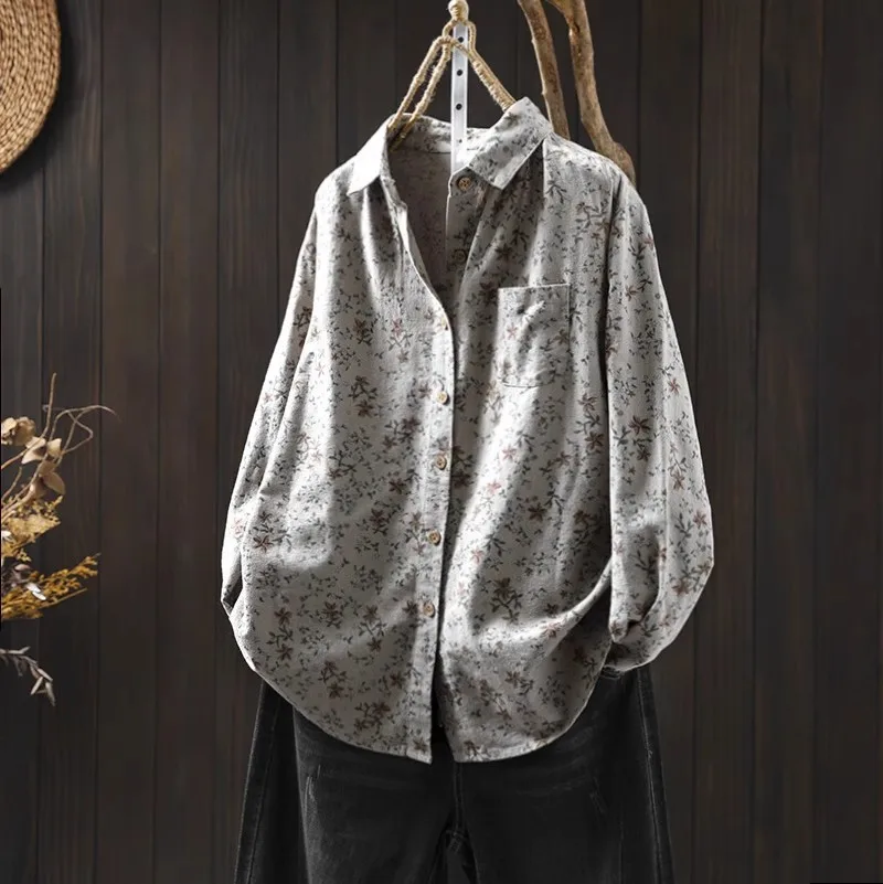 Novo 2025 inverno algodão manga longa camisa escovada, feminino turn-down colarinho impressão, mori menina redução de idade blusa solta t5n020cc