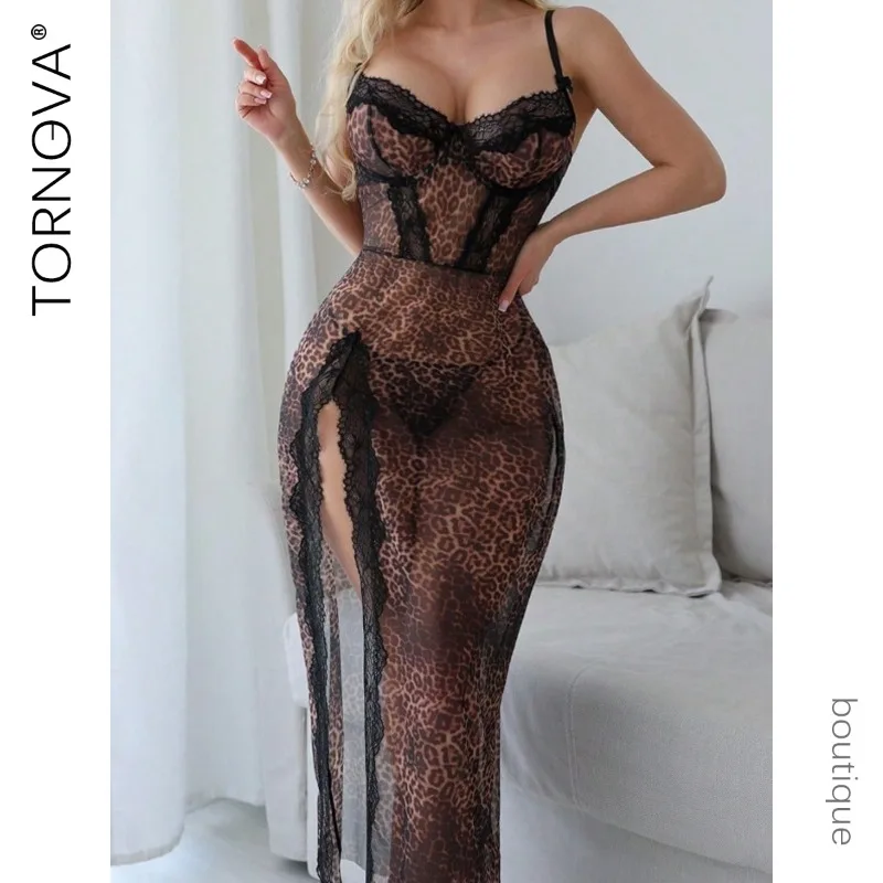 

Tornova Sexy Underwear Dress Set Women Lace Patchwork Leopard Print Long Slit Dress Sexy Mesh See-through Women's Night Dress