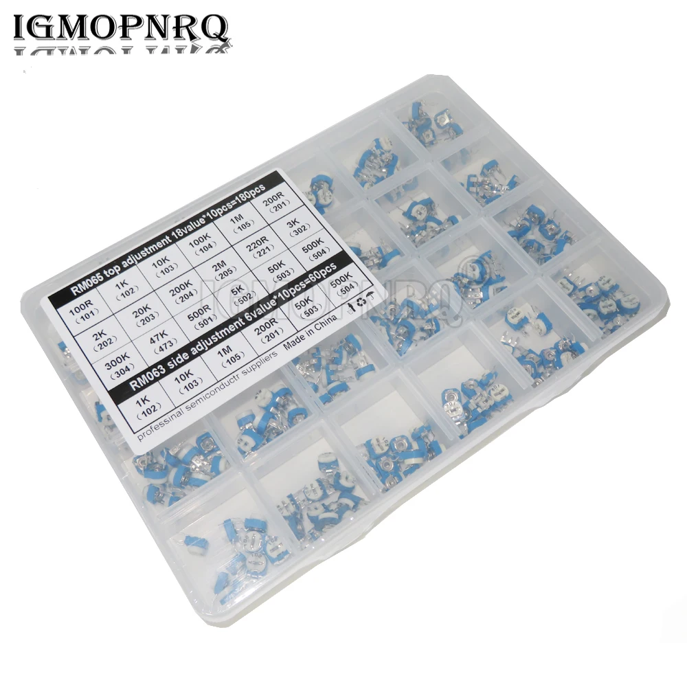 

24 Values 240PCS RM065 100R - 2M RM063 Carbon Film Horizontal Trimpot Potentiometer Assortment Kit Variable Resistor new