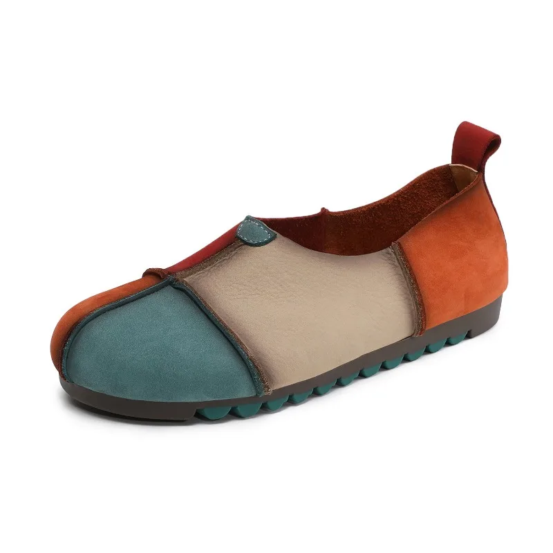

Spring Fashion Mixed Colors Flat Shoes Women Genuine Leather Slip On Loafers Handmade Retro Style Casual Single Shoes