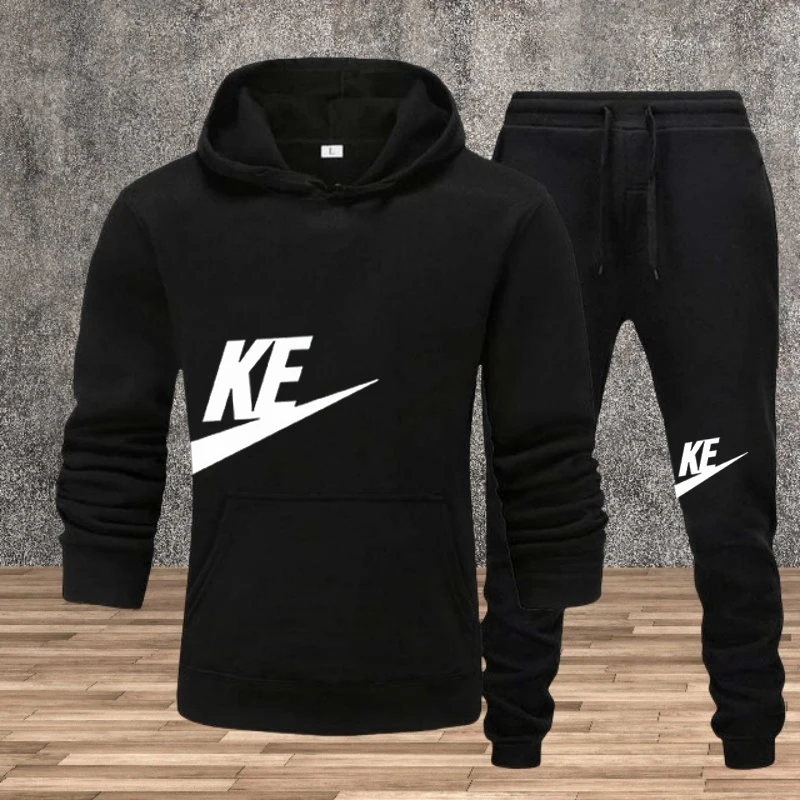 

Autumn and winter men's sportswear set: Printed pocket long-sleeved sweatshirt + long pants 2-piece jogging casual wear