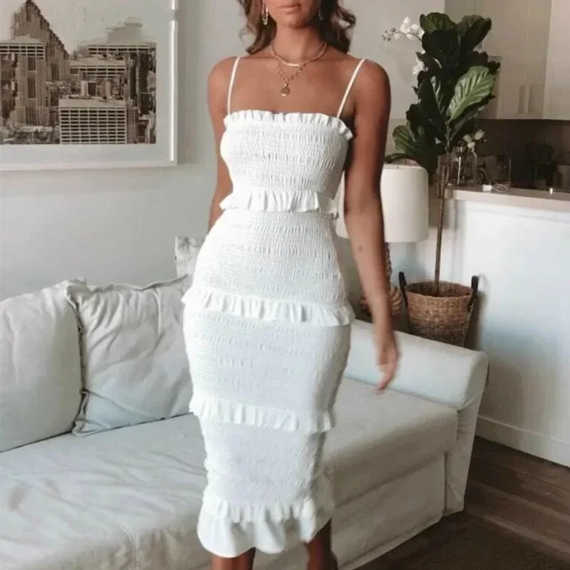 SKMY-vestido branco Bodycon com babados e alça de espaguete, comprimento médio da panturrilha, vestido sexy Ruched, monocromático, festa noturna, verão, 2022