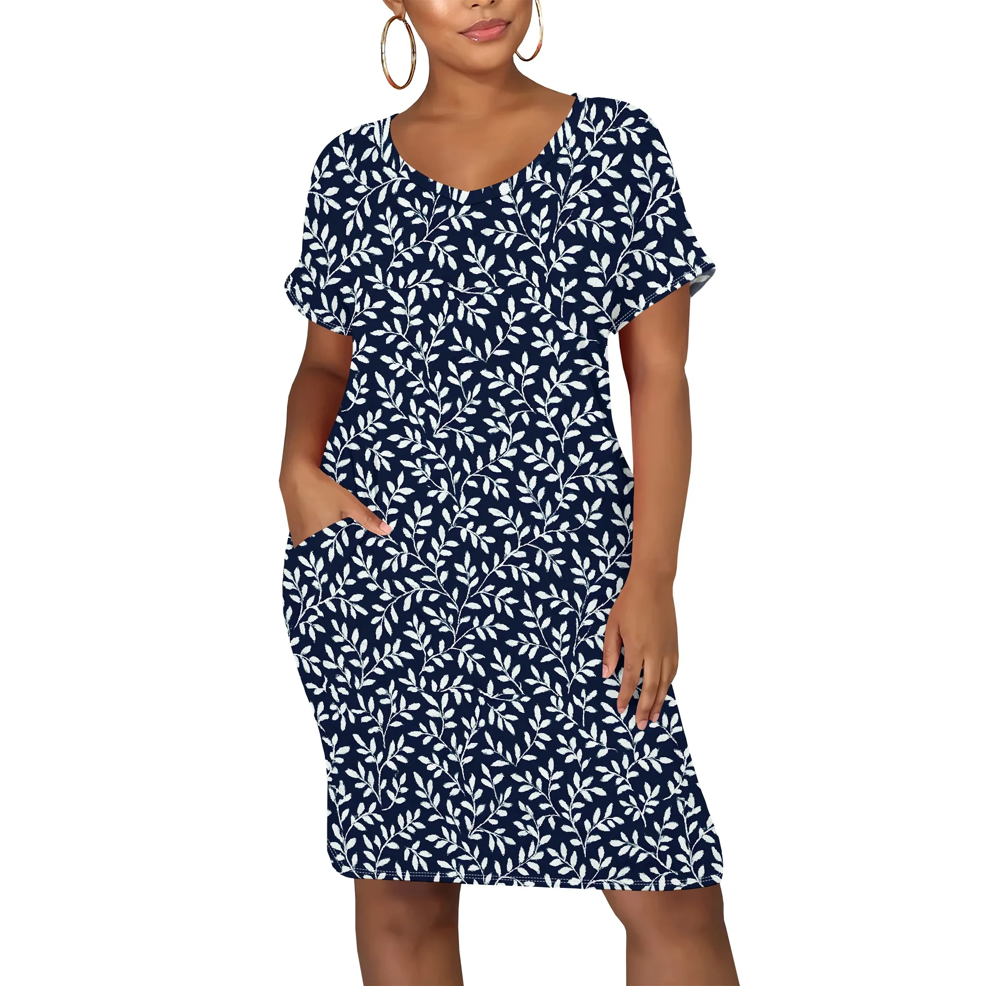 สตรี Sundress ฤดูร้อนดอกไม้แขนสั้น V คอ Midi Dress