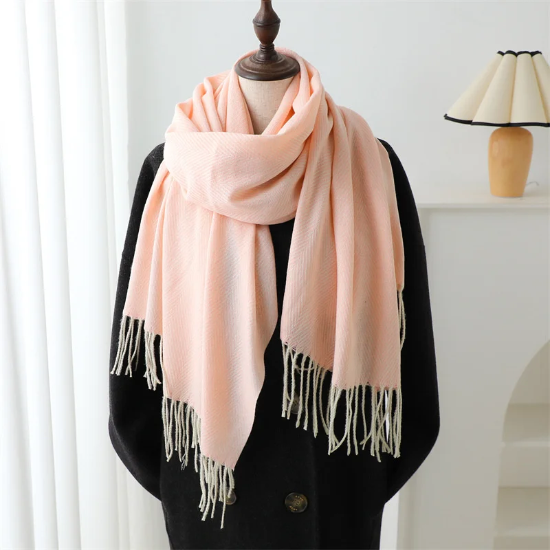 Stripe Designer Simple Winter Fashionable Warm Elongated Imitation Cashmere Scarf Tassel for Women Wrap Pashmina Shawl Outdoor