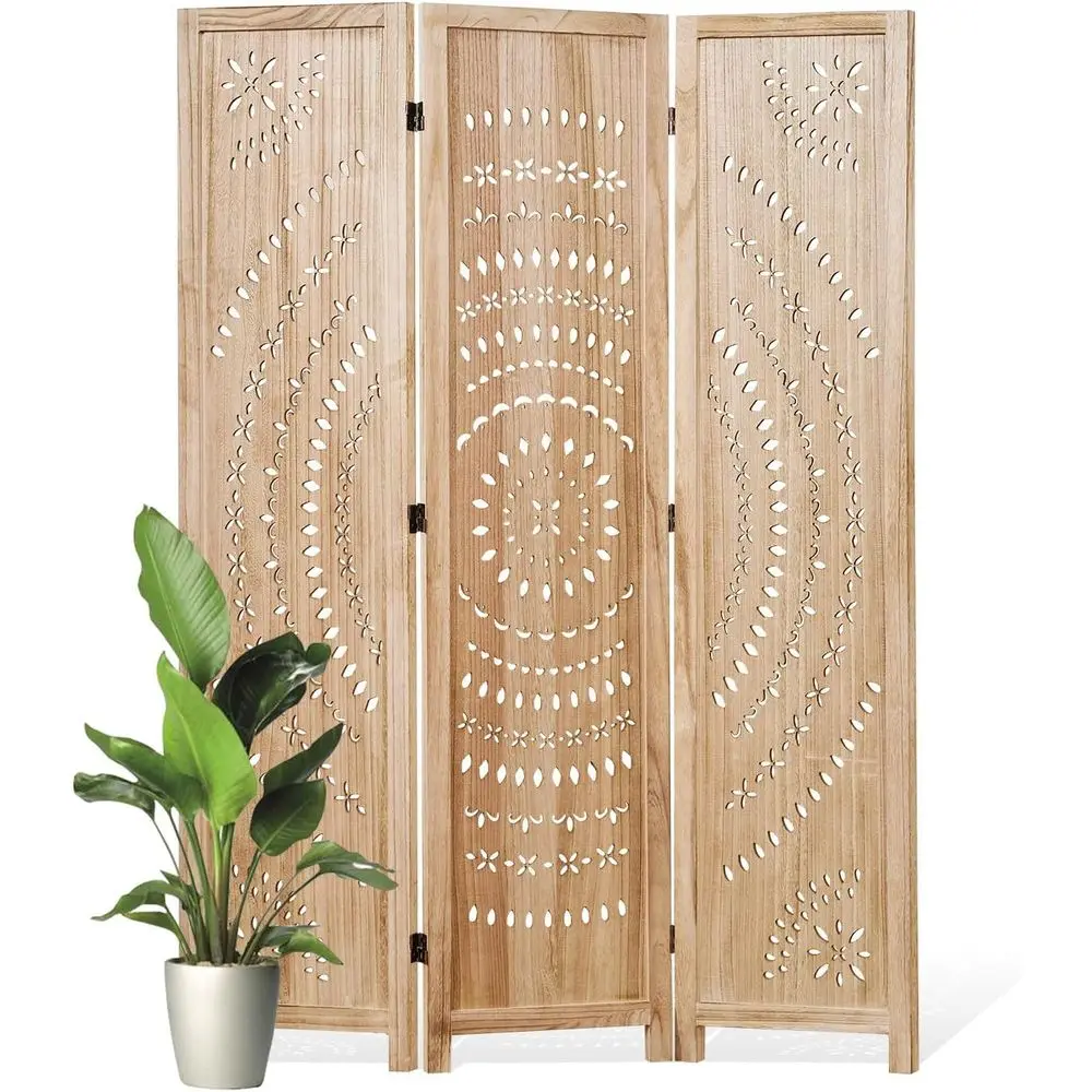 

Трехпанельная деревянная резная ширма-перегородка, натурального цвета, высотой 66,9 дюйма, отдельно стоящая, для дома, офиса или ресторана