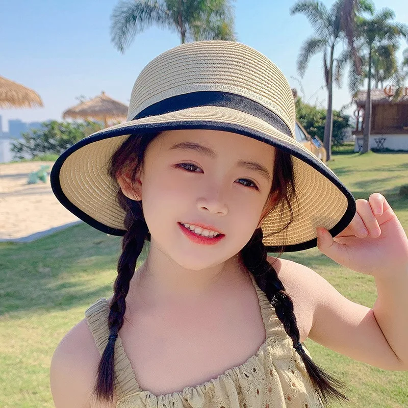 Fashion Straw Woven Hat Kids Girls Beach Hat Outdoor Travel Sun Hat Baby Beanie UV Protection Bucket Hats for Children