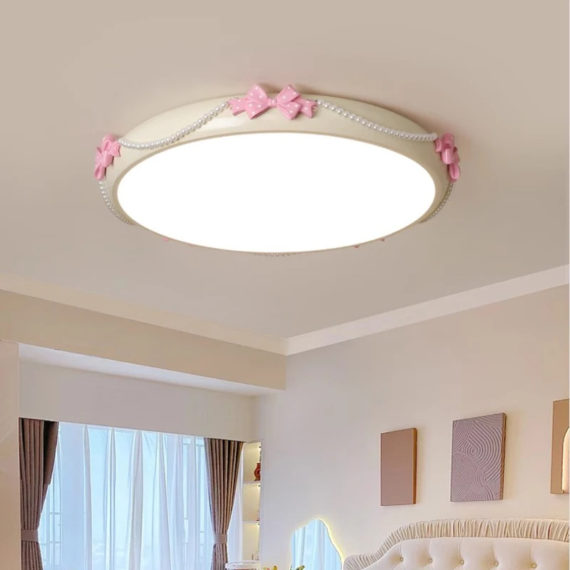 French Cream Style Princess Room Children's Room Ceiling Lamps Pink Bow Pearl Creative Romantic Warm Girl Bedroom Ceiling Lights