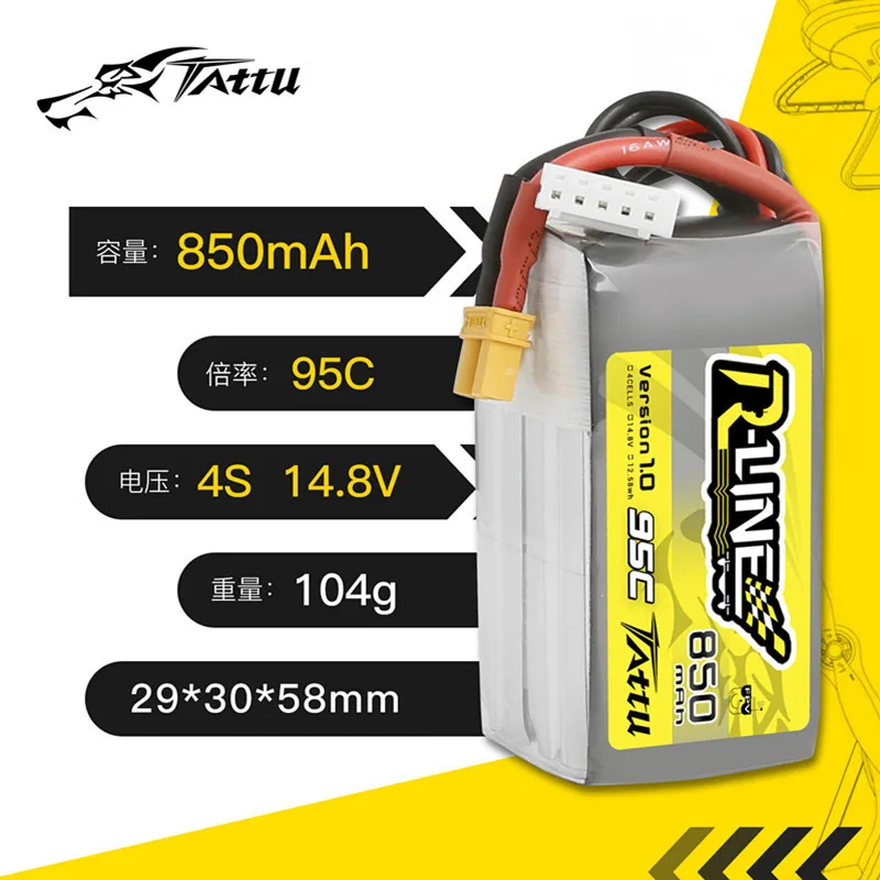 Imagem -02 - Bateria Tattu-r-line-lipo com Xt30 Plug para Helicóptero rc Peças Fpv Racing Drone 4s Bateria 1.0 95c 850mah 14.8v Hot