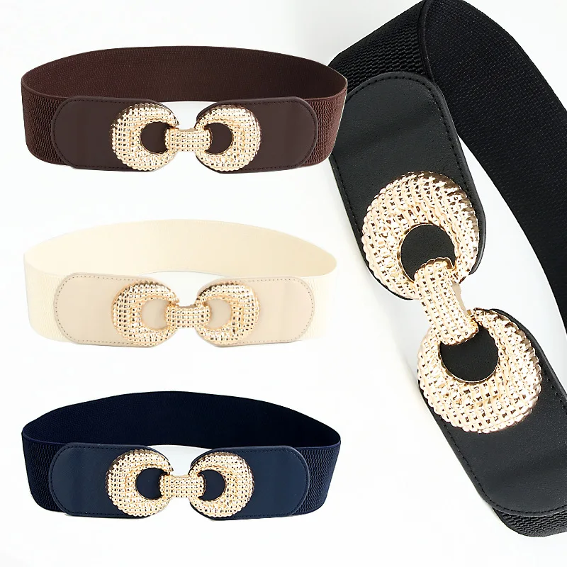 2023 New Fashion Waistband Women Luxury Elastic Band Cotton Material Golden Carving Buckle Coat Versatile Belt Solid Waist Band