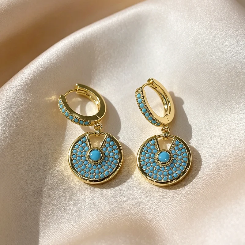Boho Türkis Eingelegte Runde Scheiben-Ohrhänger für Damen, 18K Vergoldete Tropfen-Ohrringe, Modischer Partyschmuck, Geschenk für Frauen – Detail 10