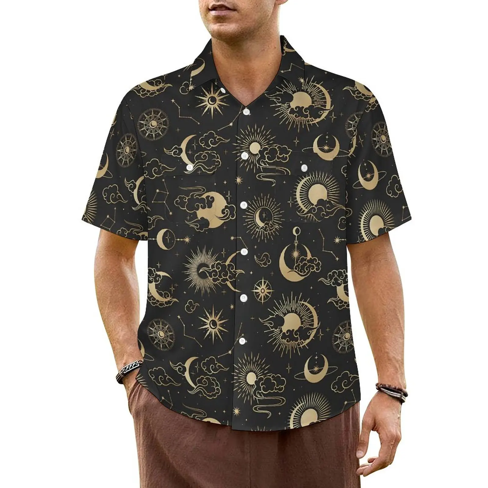 

Moon Star Sun Vacation Shirt Men Astrology Art Loose Casual Shirts Hawaii Short Sleeve Harajuku Design Oversized Blouses Gift