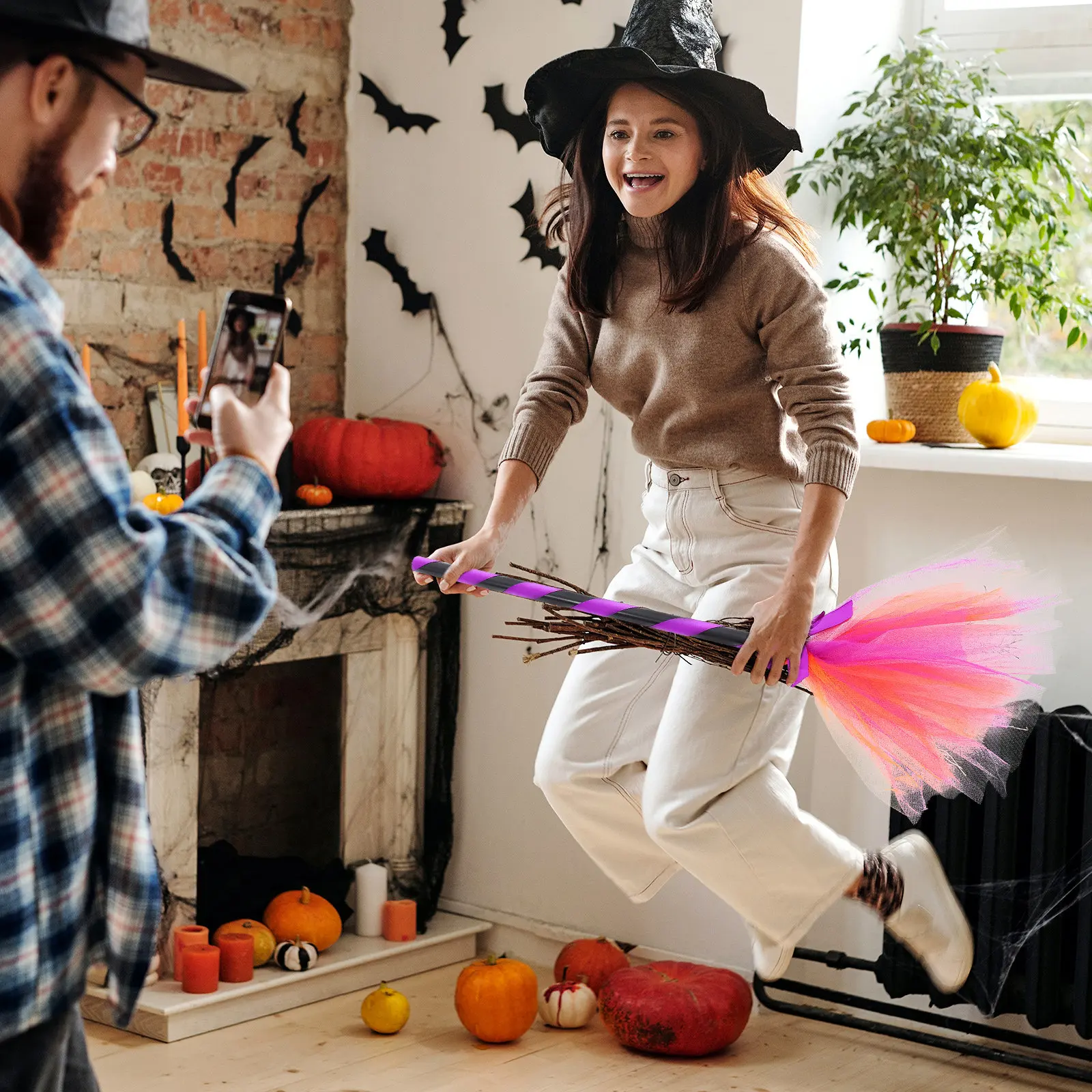 Plastic Witch Broom Yarn Design Halloween Party Decoration Broom Prop for Kids Adults Cosplay Costume Fancy Dress Carnival Decor