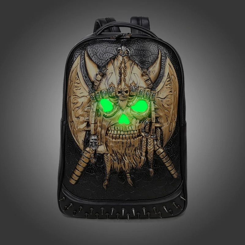 Fashion 3D Embossed Fluorescent Pirate Skull Backpack Bgs for Men Rivet Unique Halloween Bag Personality Rock Laptop Cool Bags