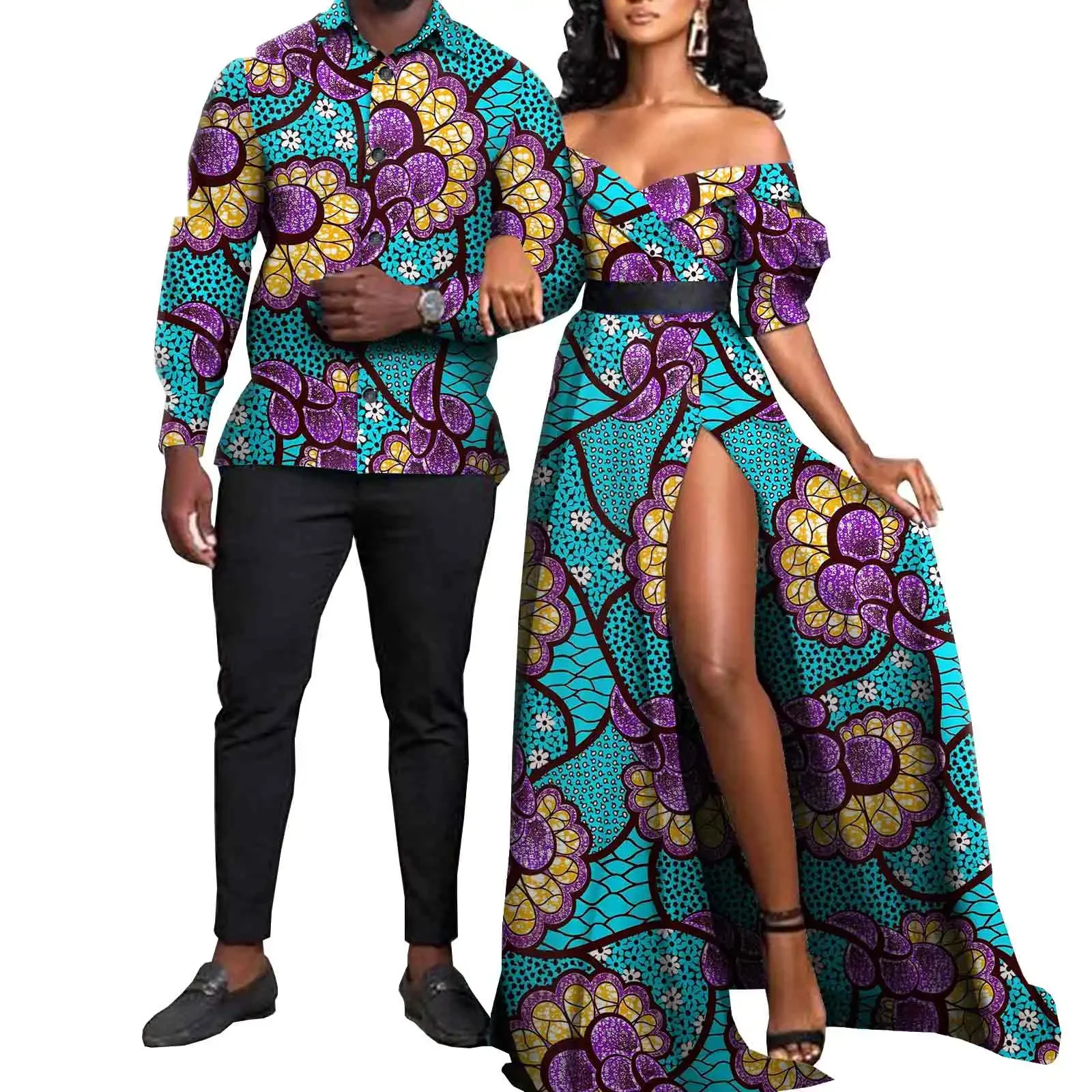 African Clothes for Couples Sexy Women Ankara Print Maxi Long Dresses Match Men Outfit Party Shirts Top and Pants Set Vestidos