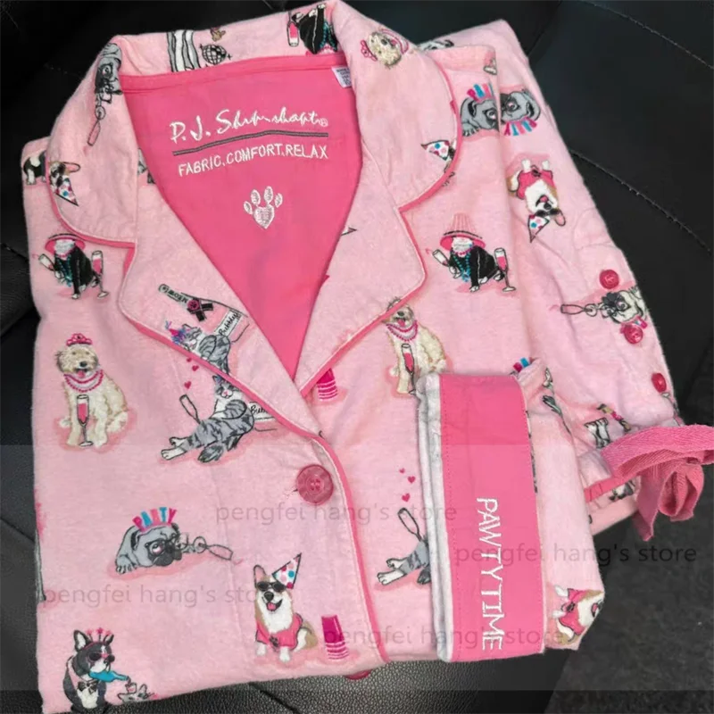 

Pink Cartoon Print Pajamas Set Women Soft Sleepwear Cotton Shirt Pant Long Sleeve Autumn Home Clothing Christmas Party Gift