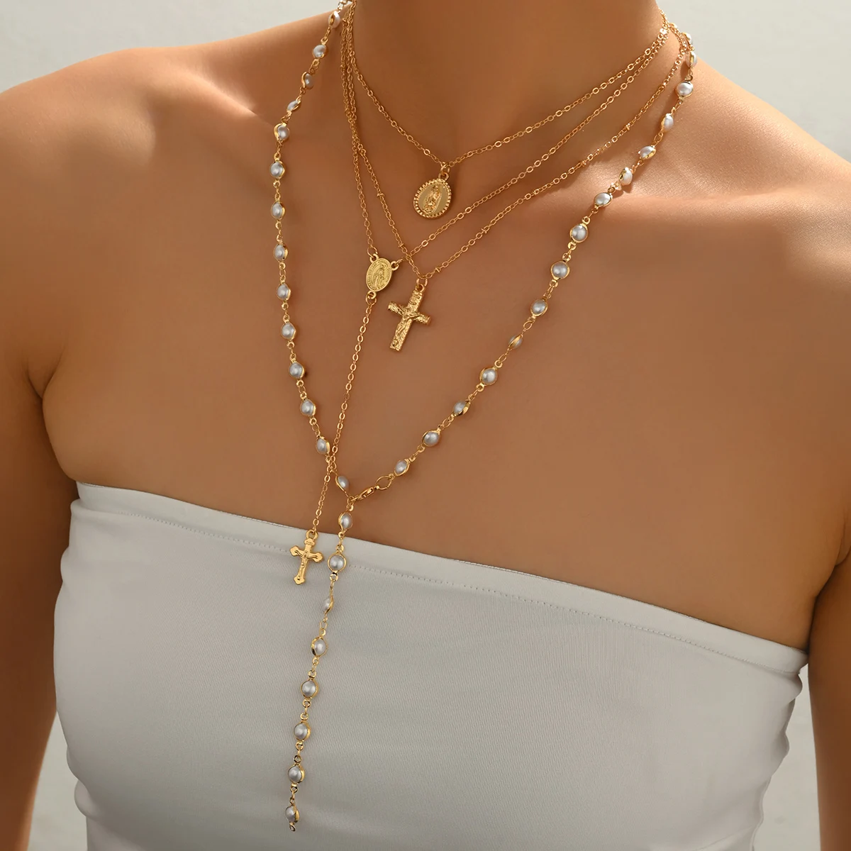 Layered Rosary Cross Necklace Vintage Gold Silver Mary Pendant Pearl Beaded Y Lariat Jewelry Gift for Women image 5