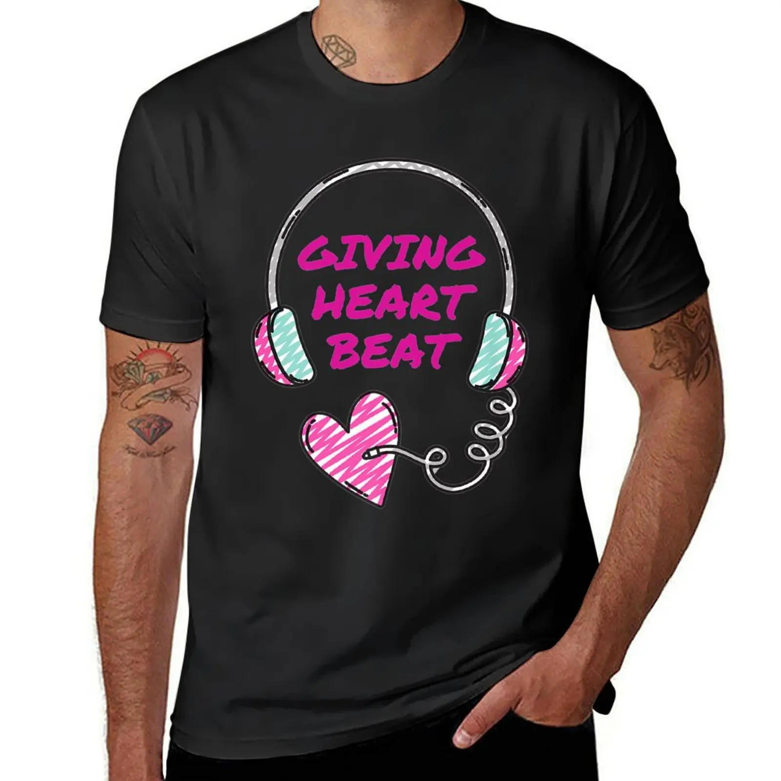 GivingHeartBeat Podcast Hot Pink Text Headphones Heart Plug T-Shirt boys animal print cute tops oversized vintage mens t shirt