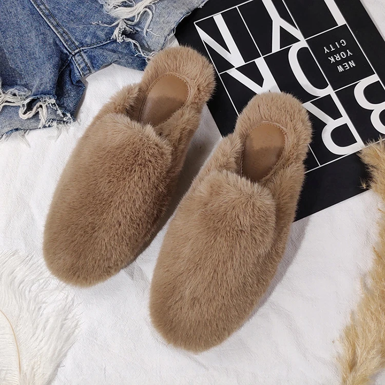 Fashion Winter Warm Fluffy Faux Mink Mules Flat Slides Closed Toe Loafers Indoor Outdoor Fur Slippers for Women