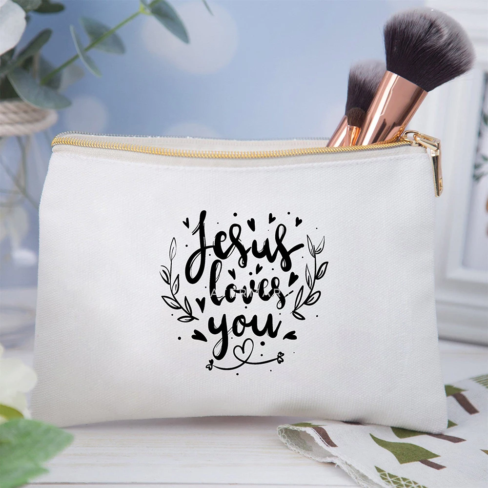 Bolsa de cosméticos con estampado de Jesús para mujer, bolsa de cosméticos de lona, bolsas de maquillaje para damas, bolsa de aseo de lavado de viaje, bolsa de lápices de embrague