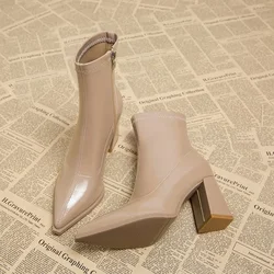 Autumn Womnen's High Heel Ankle Boots New Winter Plus Velvet Pointed Toe Chunky Heel Chelsea Boots for Women Heeled Shoes Dress