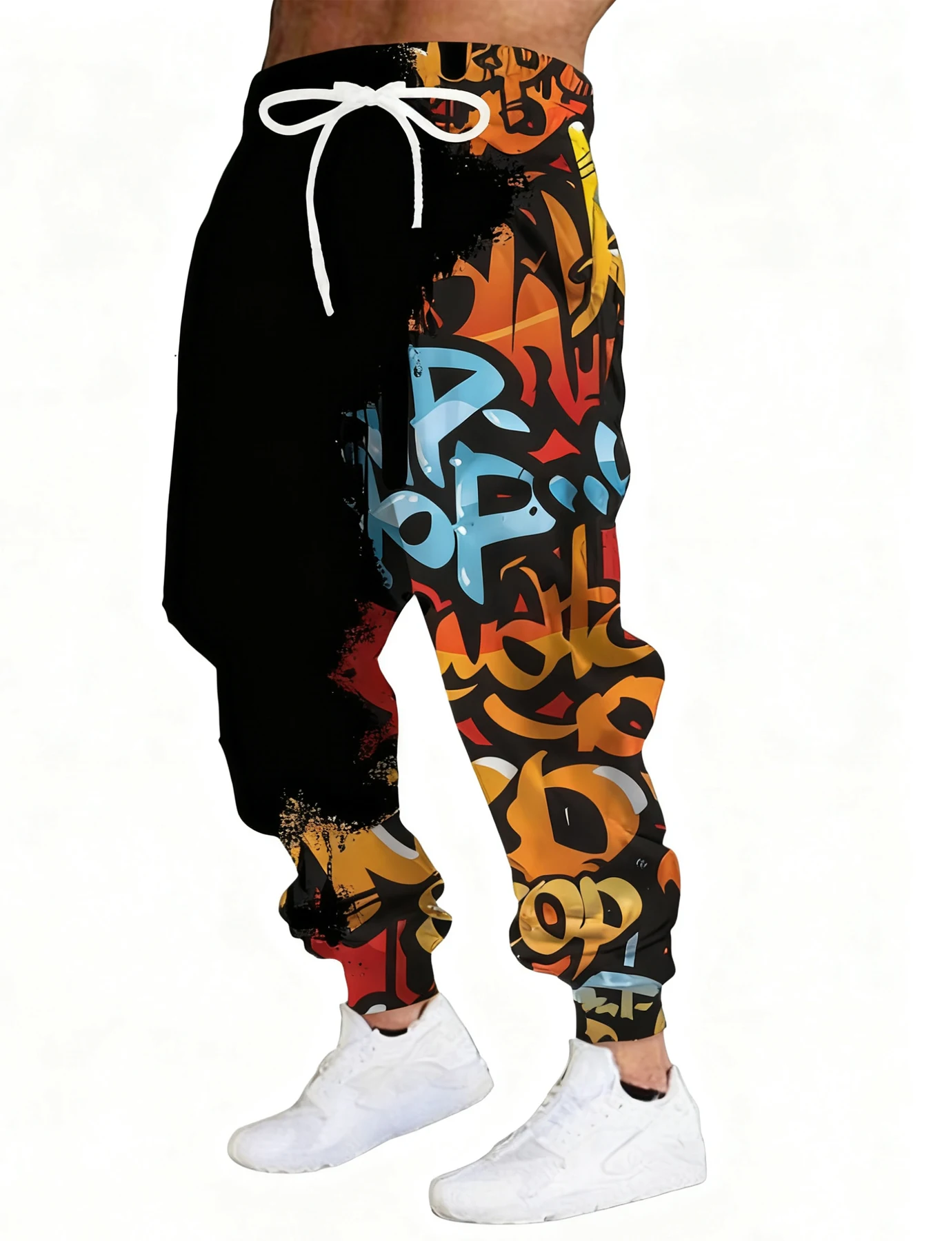 

New Men's 3D Graffiti Print Casual Pants Outdoor Breathable Athletic Pants Stylish Drawstring Streetwear Trousers Mens Cuffed Pa