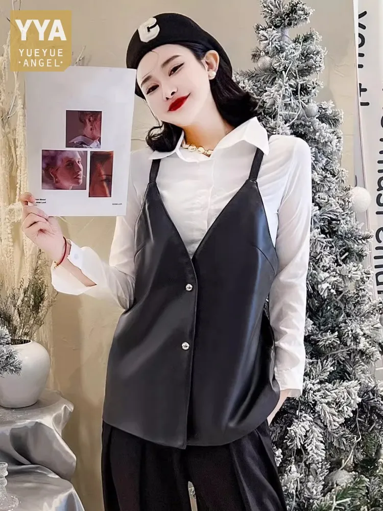 Women Spring Strap Vest Top Single Breasted Slim Fit V Neck Casual Waistcoat Sheepskin Genuine Leather Vest Sleeveless Jacket