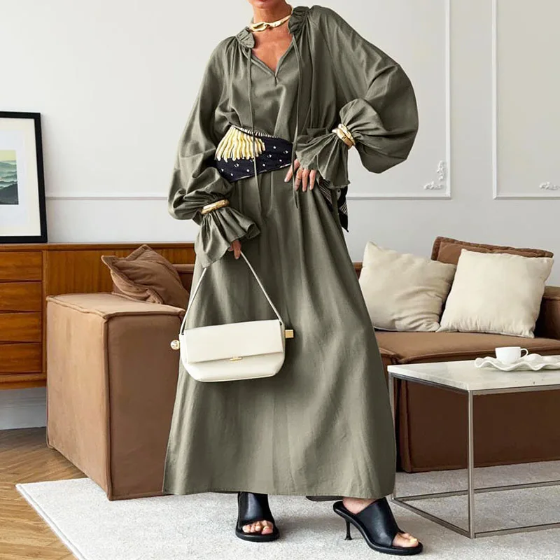 

Sexy Deep V-neck Lace-Up Long Dress Autumn Casual Long Sleeve Women's Dress Spring Elegant Cotton Linen Solid Color Party Dress