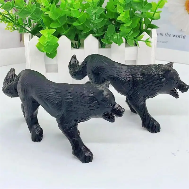 14CM Natural Black Obsidian Wolf Crystal Animal Carving Crafts Powerful Animal Decorative Ornaments Birthday Present 1pcs