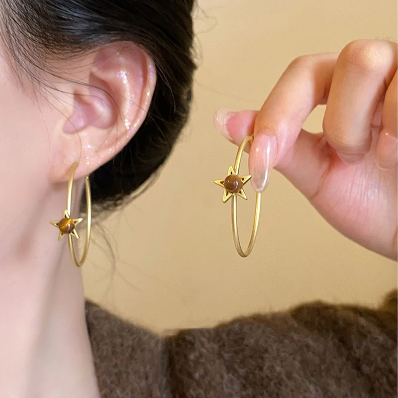 Retro Star Heart Tiger Eye Stone Simple Loop Earrings Temperament Niche Earrings Jewelry for Women Daily Accessories