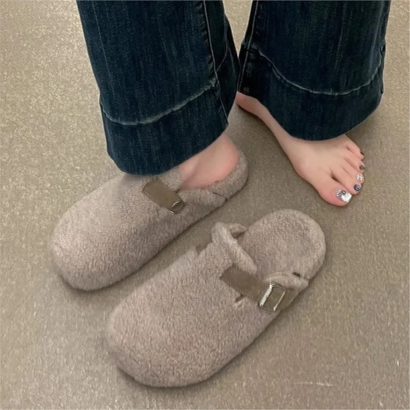 كريستار المرأة الشتاء البغل النعال موضة الفراء اصطف الجلد المدبوغ قباقيب أحذية قطنية مع مشبك قابل للتعديل سيدة نعال مسطحة عادية #2