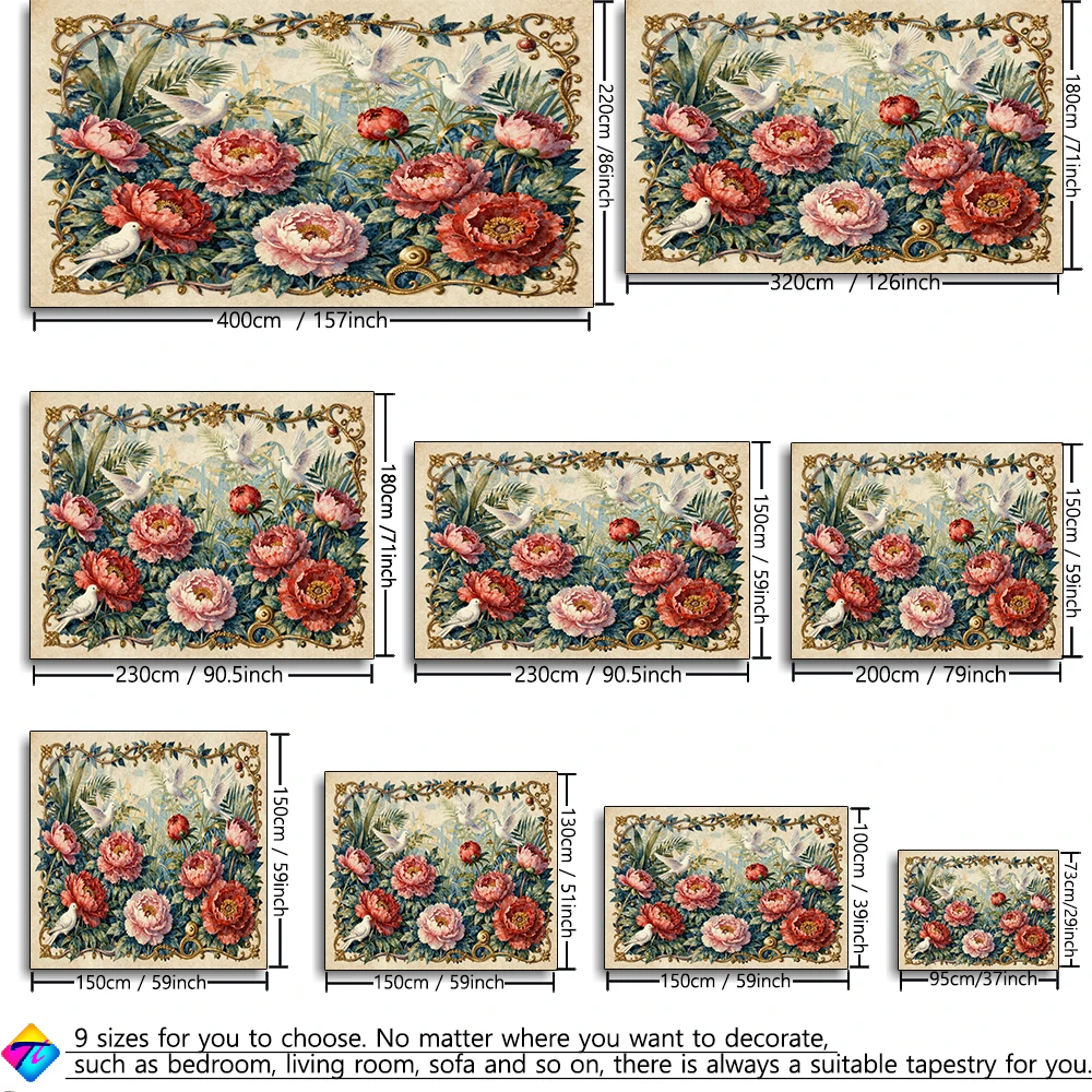 Red Peony and White Dove Printed Tapestry Wall Hanging Vintage Bohemian Style Living Room Bedroom Home Decor