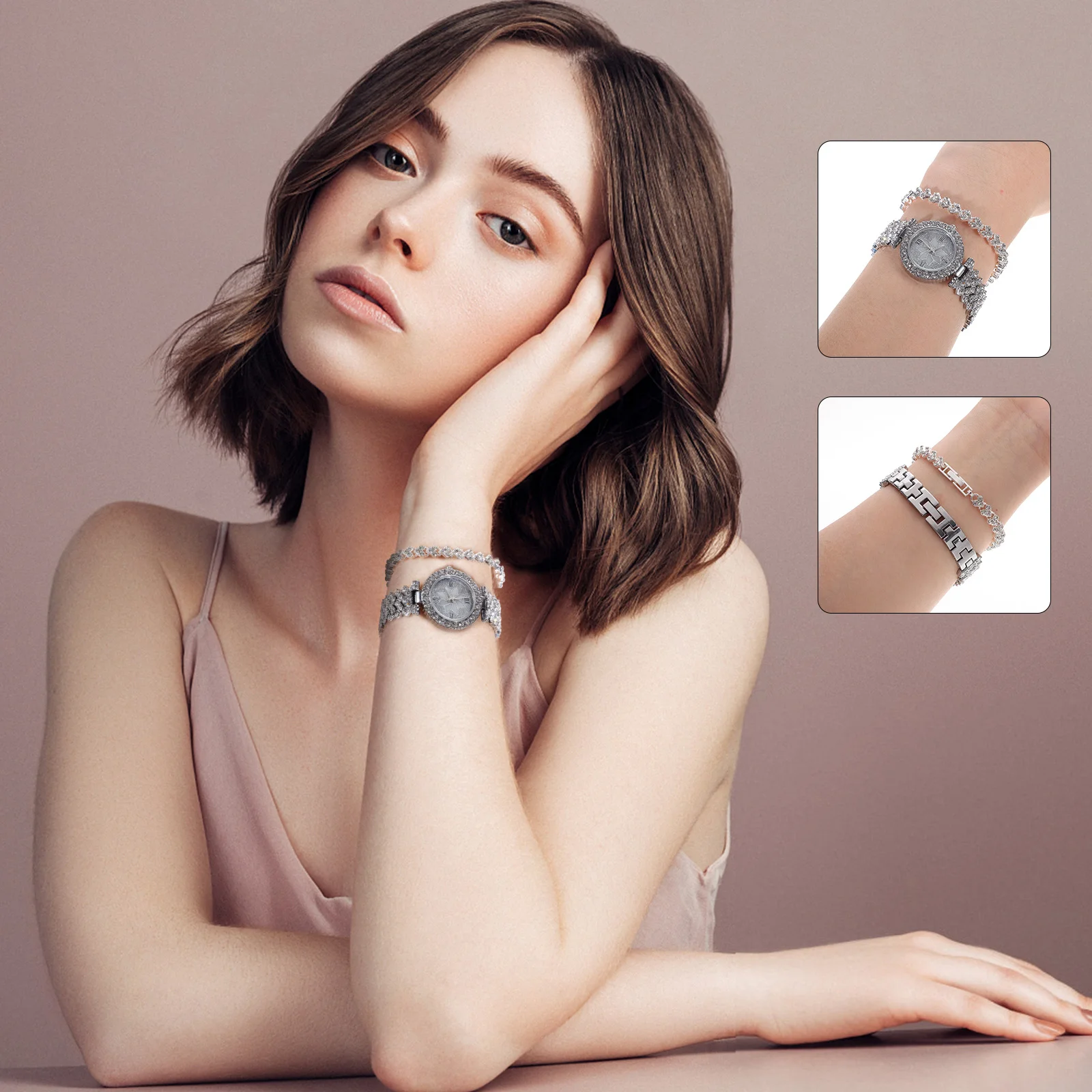 Sparkling Rhinestone Watches for Women Luxury Quartz Wristwatch Bracelet Set Fashion Jewelry Decoration Wristwatch for Women