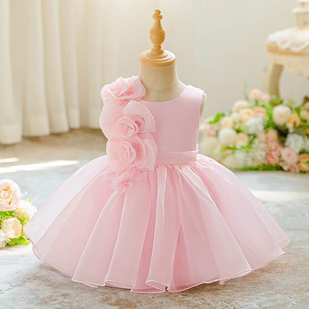 

Little Girls Birthday Princess Dress Sleeveless O Neck 3D Flower Decor A-line Ball Gown