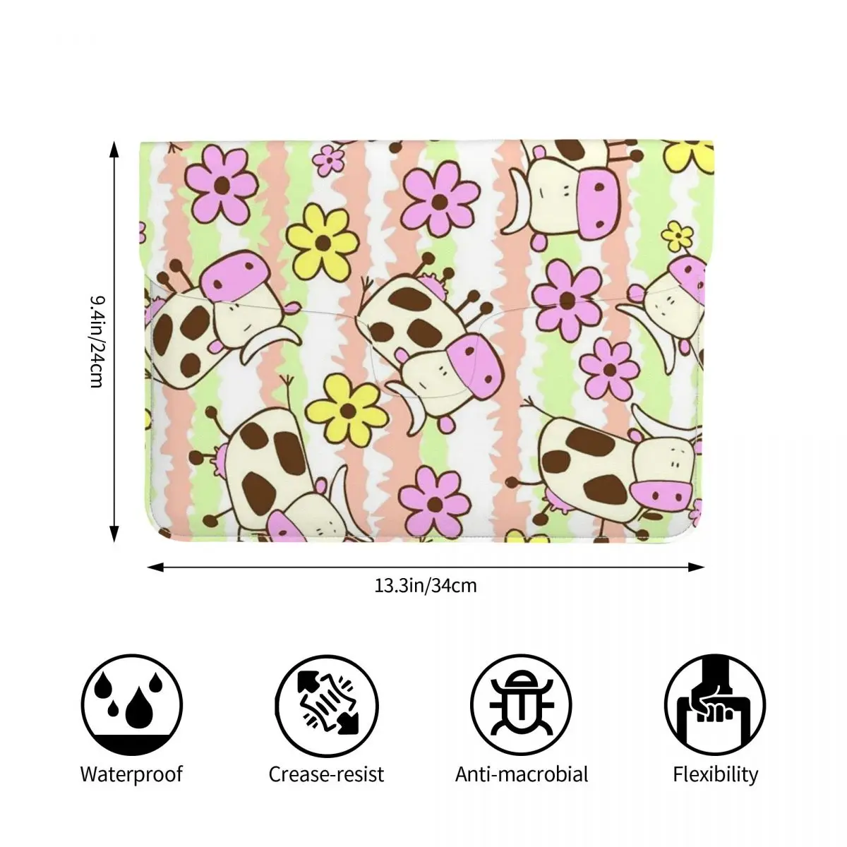 Funny Cartoon Cow Pattern PU Leather Horizontal Laptop Sleeve Shockproof Soft Lining Notebook Case 13 Inch