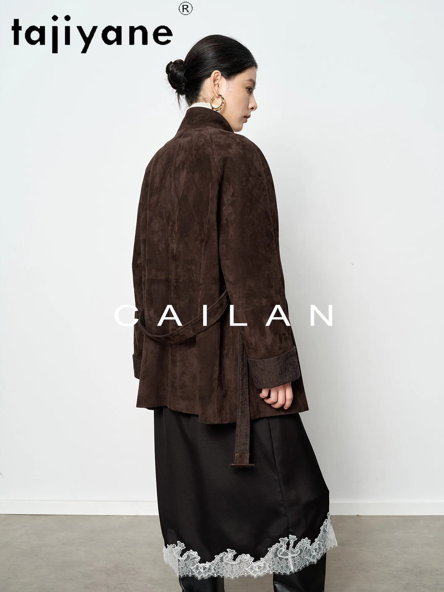 TAJIYANE Cappotto in Pelle Scamosciata di Capra da Donna, Giacca in Vera Pelle con Scollo a V e Cintura, Lunghezza Media, Abbigliamento Autunnale 2026