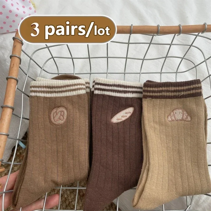 3 Pairs Kawaii Socks Women Set Japanese Embroidered Bread Ins Girls Contrasting Stripes Maillard Casual Style Socks Cute Autumn