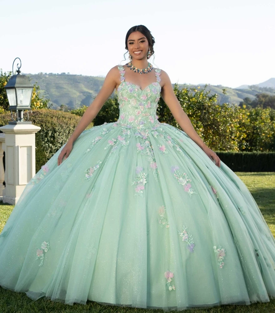 Robe de Quinceanera menthe personnalisée, appliques de fleurs, perles spaghetti, robe de RhSweet 15 16, robe éducative pour 15 ans, YQD125