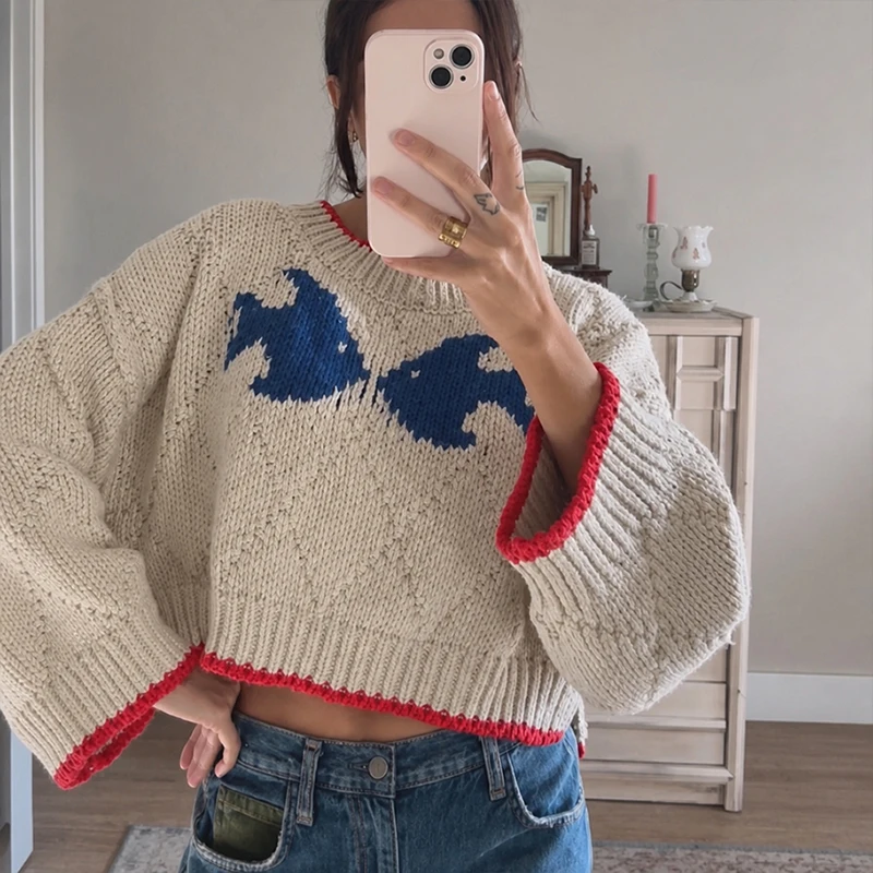 Women Bow Jacquard Cropped Knit Sweater Contrast Red Trim Wide Long Sleeve Crew Neck Loose Chunky Knit Pullover Y2k Casual Tops