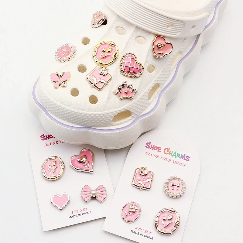 Metal Pearl Shoe Charms Butterfly Floral Rhinestone Chain Decorations Removable DIY Ornaments for Clog Sandals Hole Shoes Girls