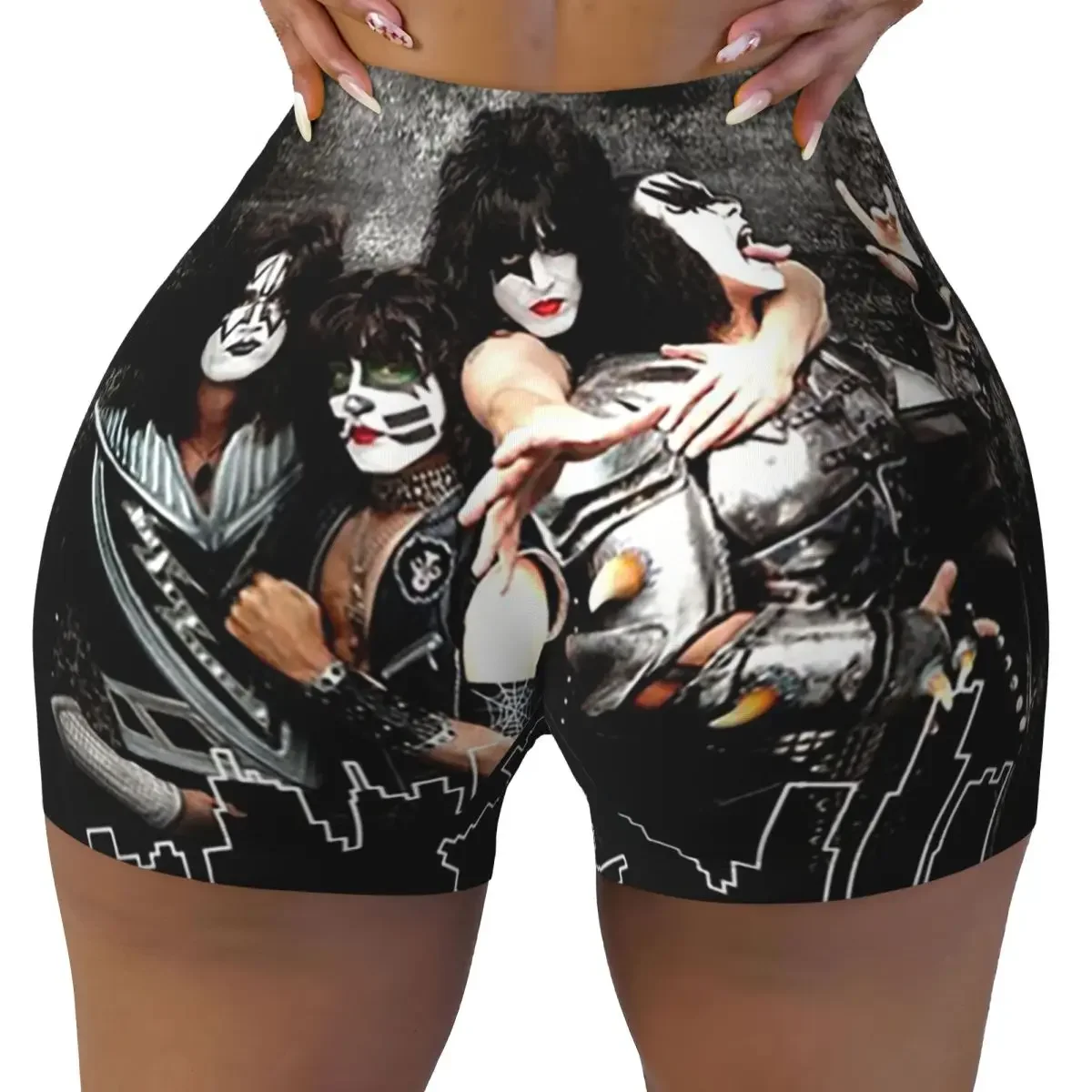 Custom Kiss Band Detroit Rock City Yoga Shorts Women Gym Workout Running Athletic Volleyball Biker Shorts