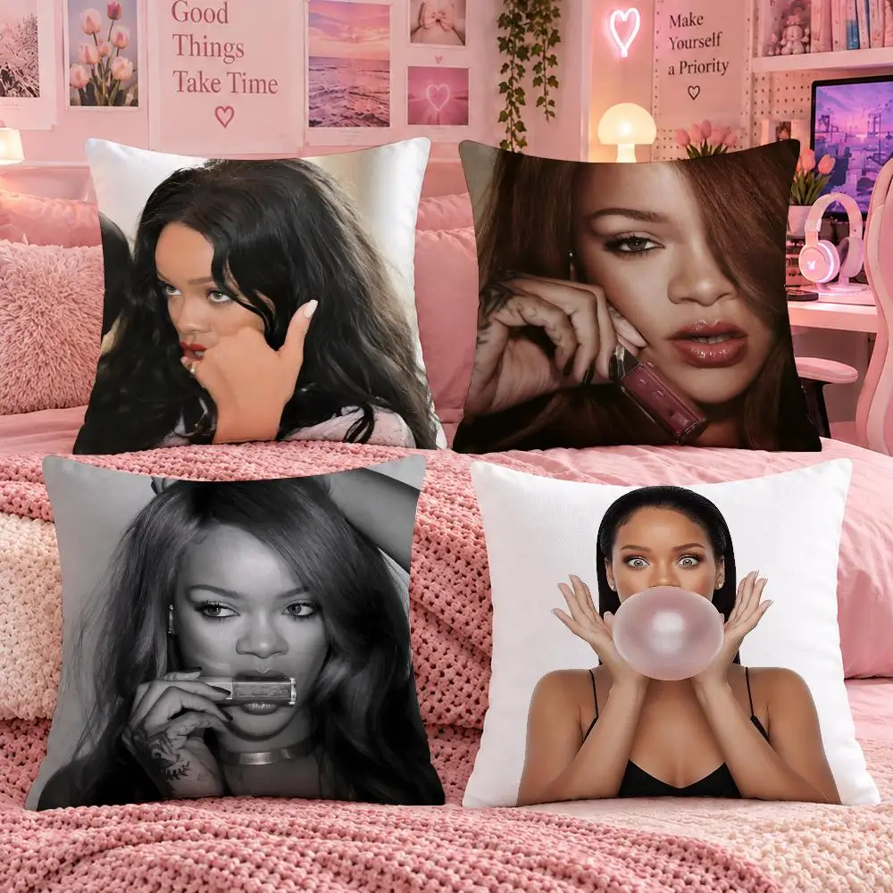 Singer Pop Music R-Rihanna Cushion Cover Double Sided Print Short Plush Pillow Sofa Bedroom Dorm Room Decor Gift