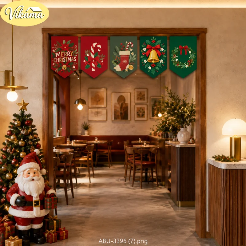 VIKAMA Christmas Merry Xmas Scarlet Emerald Pennant Flag Set Candy Cane Stocking Bell Wreath Doorway Hanging Kitchen Dining Soft
