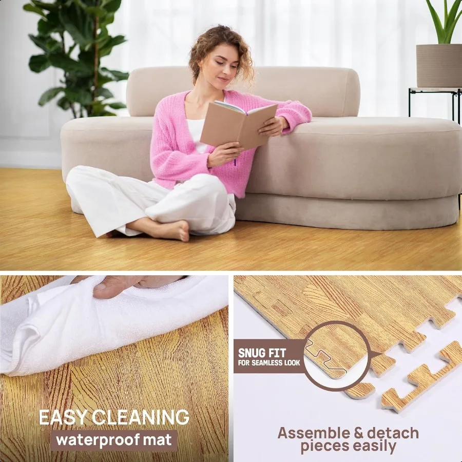 48SQ.FT الخشب الحبوب لغز بساط للتمرين الأرضيات الواقية إيفا المتشابكة بلاط الأرضيات الرغوية مع الحدود للمنزل #4