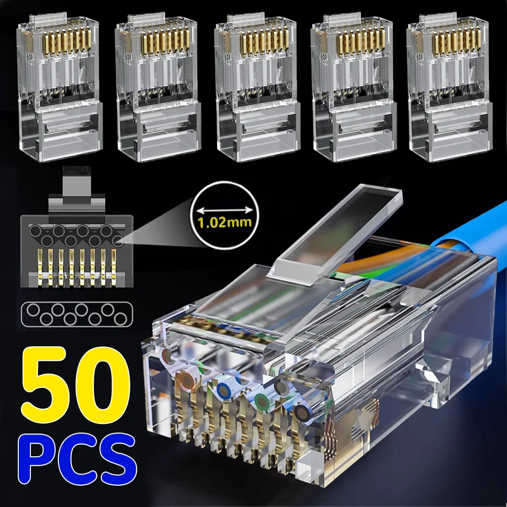 50/1Pcs RJ45 Connector Pass CAT7 CAT6 CAT5 Through Modular Plugs Shielded 50U Gold Plated Ethernet End Network Lan Cable Plug
