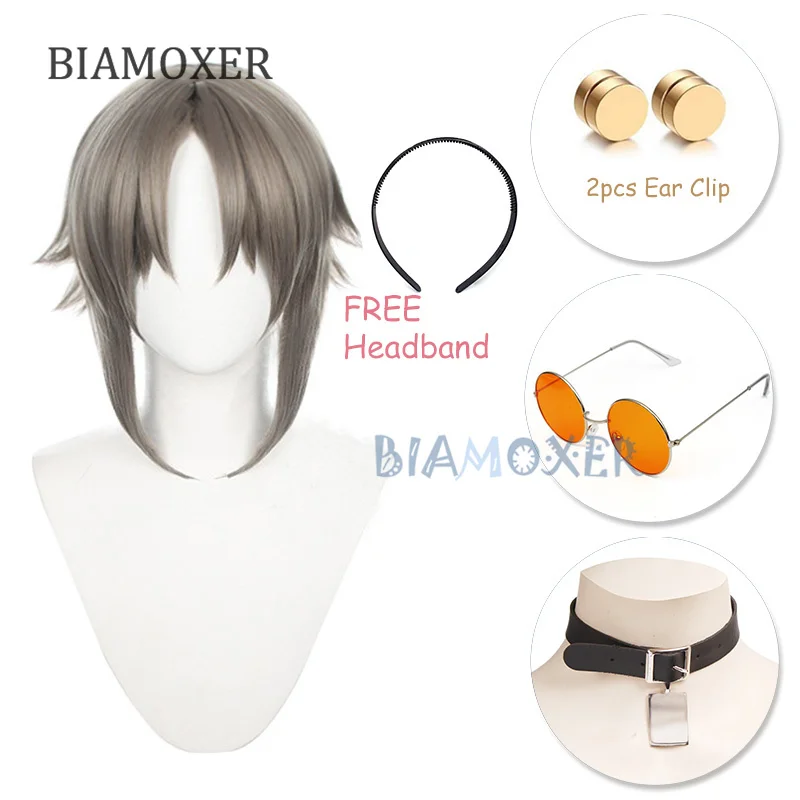 Mysta Rias Cosplay Wigs Glasses VTuber NIJISANJI Luxiem Dark Grey Short Heat Resistant Synthetic Hair Halloween Party Wig